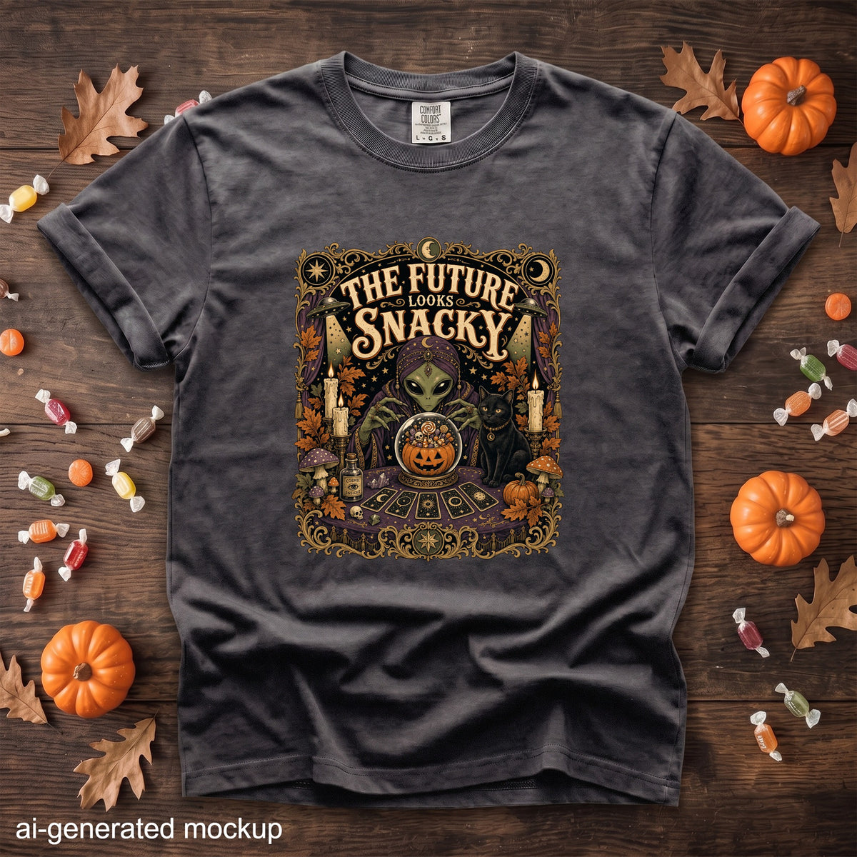 Graphic tee with an alien, black cat, and pumpkins reading "The Future Looks Snacky".