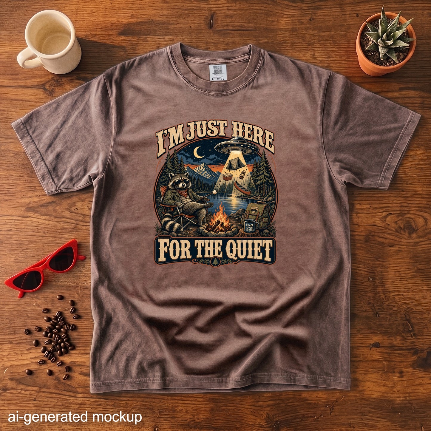 T-shirt graphic with raccoon, campfire, UFO, and text "I'M JUST HERE FOR THE QUIET."
