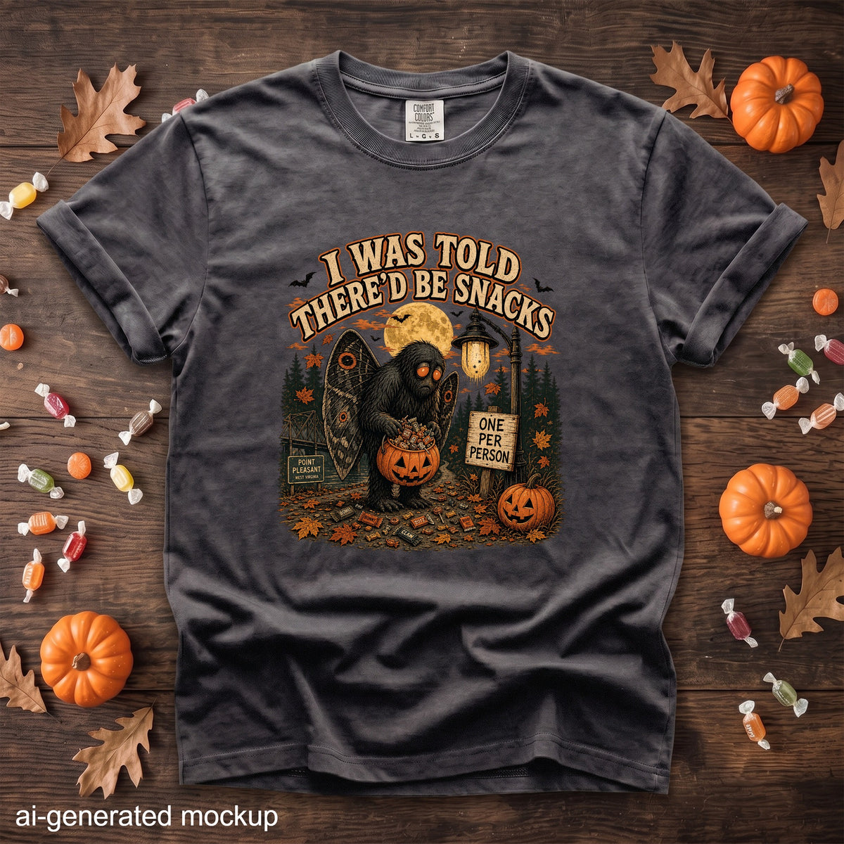 Dark gray t-shirt with Halloween graphic of Mothman holding candy, "I WAS TOLD THERE'D BE SNACKS".