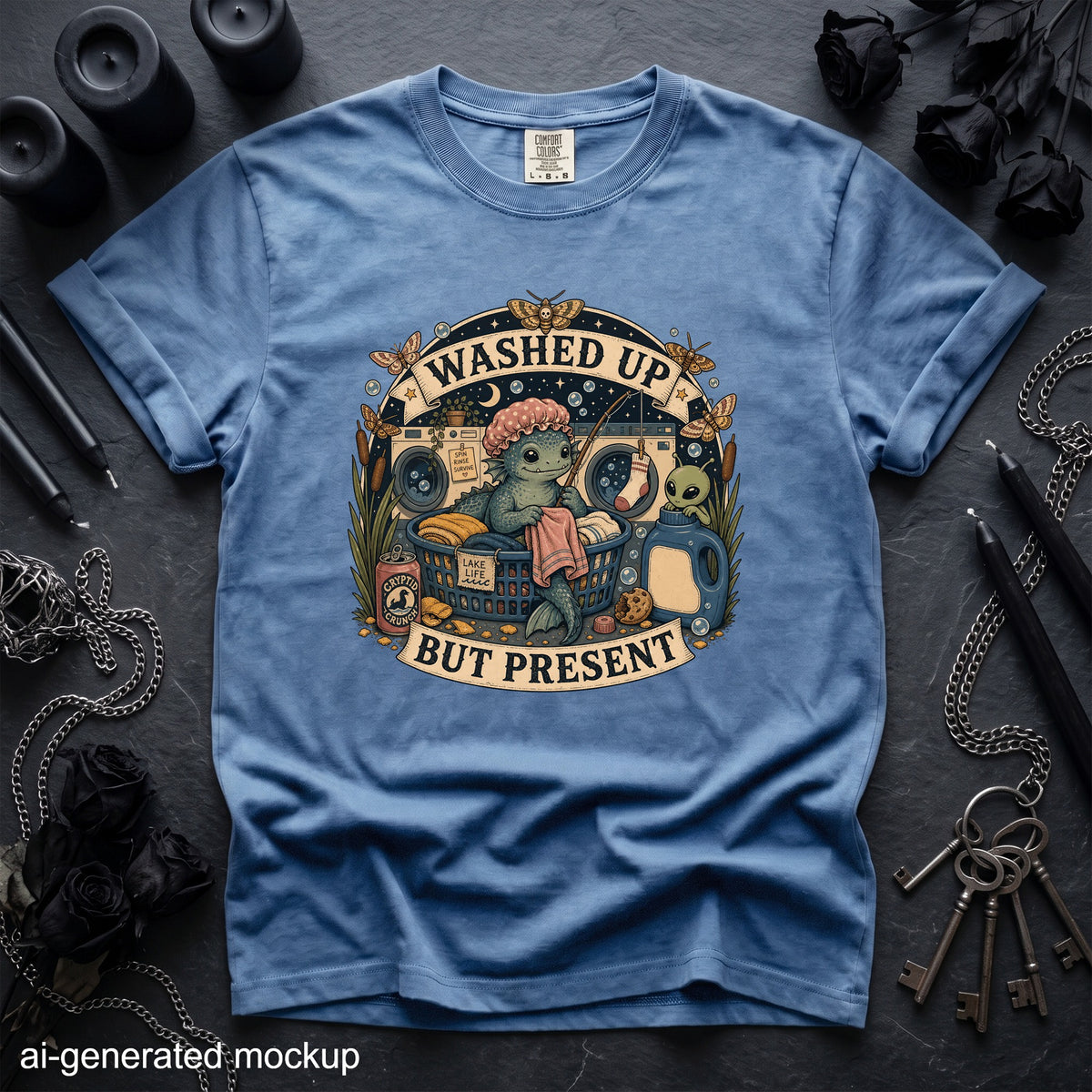 T-shirt graphic with text "WASHED UP BUT PRESENT", featuring a lake monster by a washing machine.