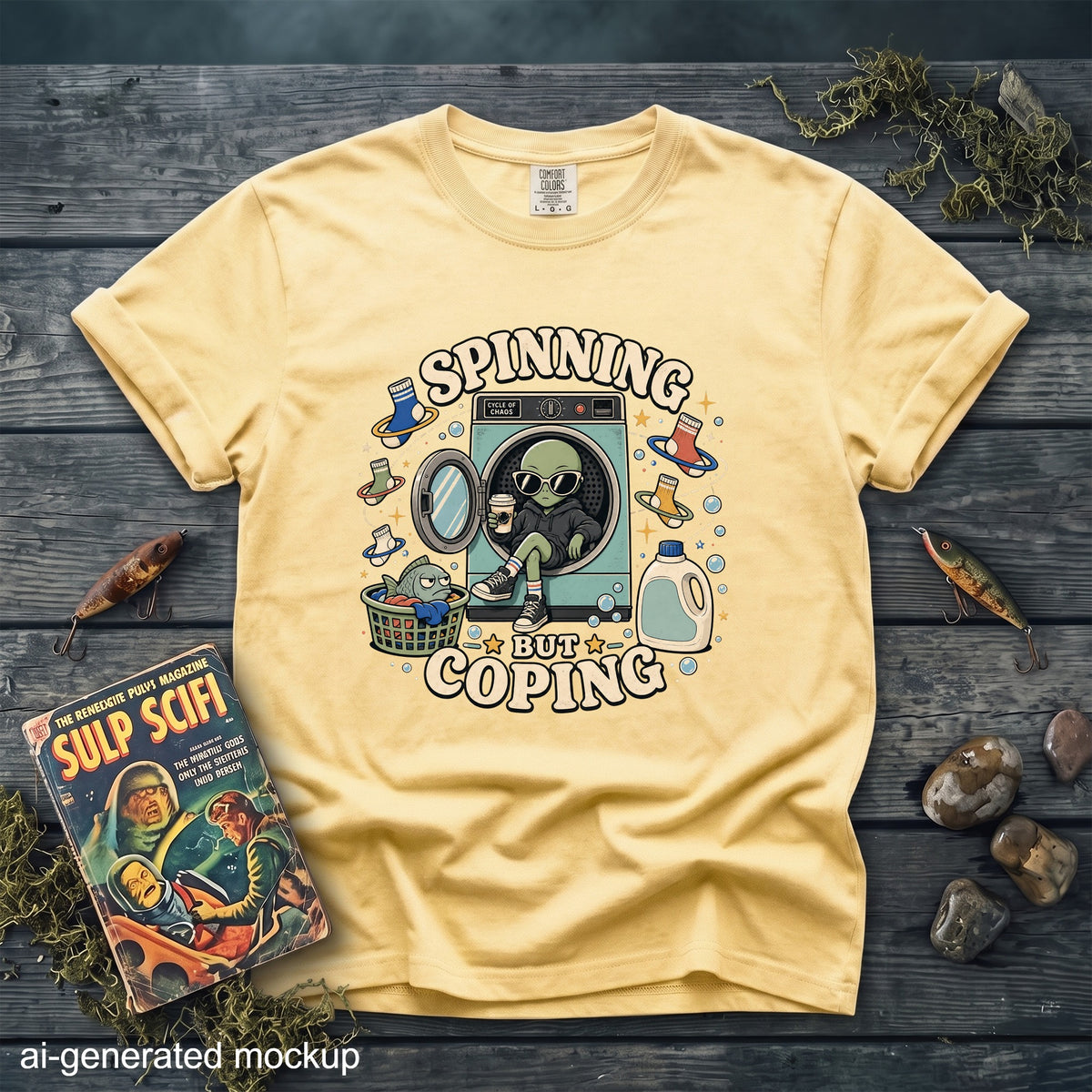 Yellow t-shirt with alien and laundry graphic reading "Spinning But Coping".