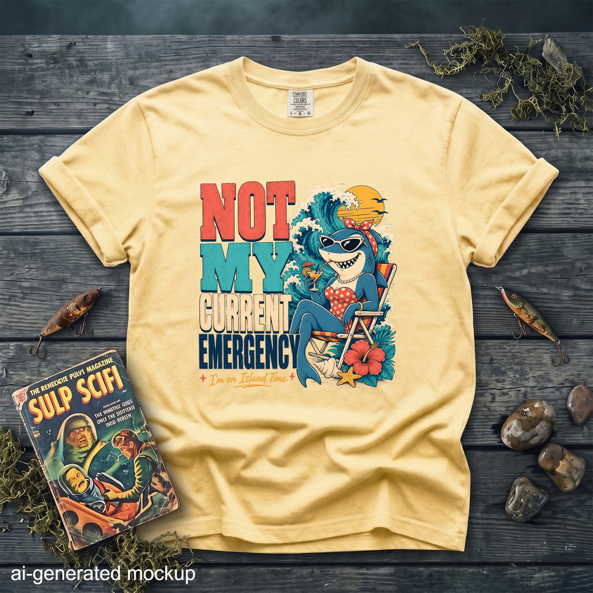 Yellow t-shirt with shark text "Not My Current Emergency I'm on Island Time".