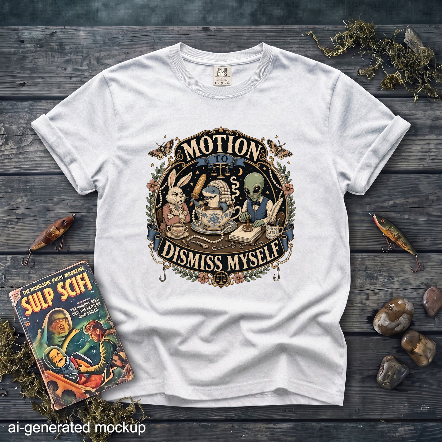 White t-shirt with "Motion to Dismiss Myself" graphic featuring a shark in a teacup.