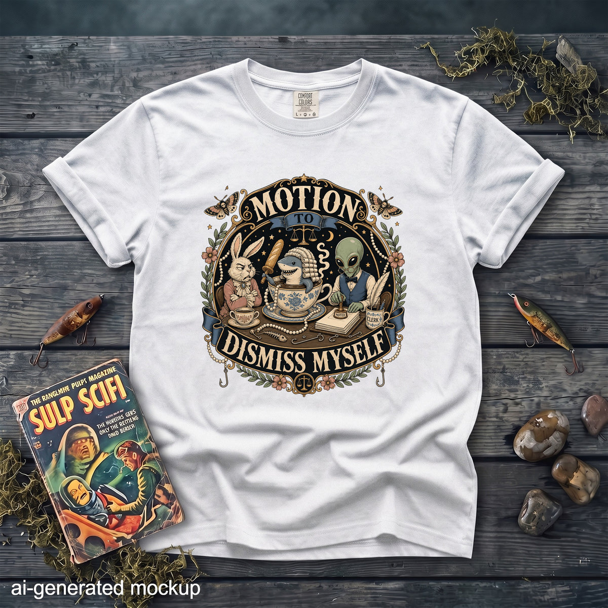 White t-shirt with "Motion to Dismiss Myself" graphic featuring a shark in a teacup.