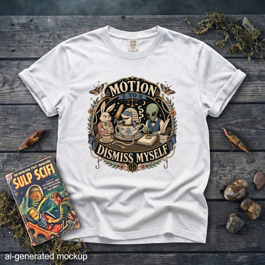 White t-shirt with "Motion to Dismiss Myself" graphic featuring a shark in a teacup.