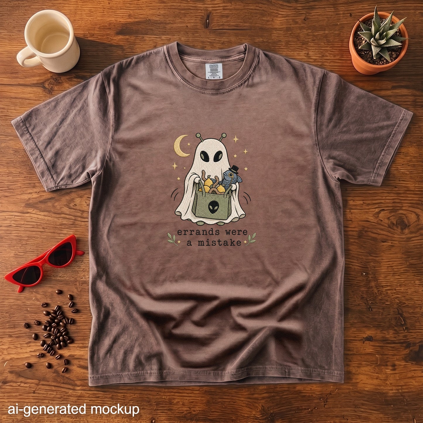 Brown t-shirt with ghost alien design and "errands were a mistake" text.