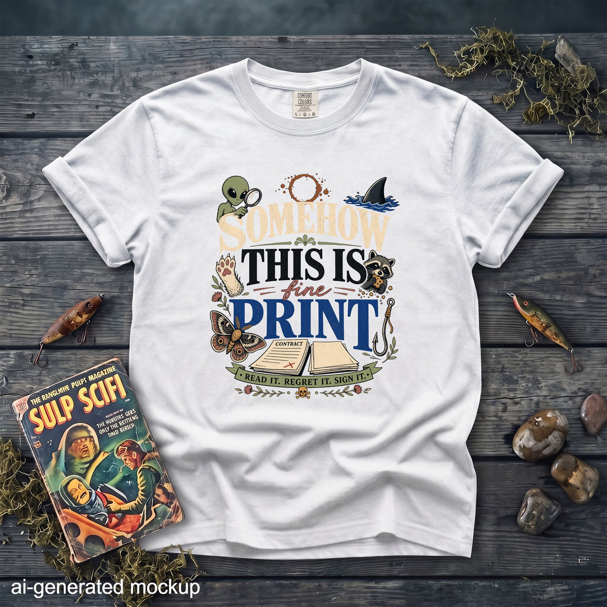 A white t-shirt featuring a graphic design with humorous text, an alien, raccoon, contract, and other eclectic illustrations.