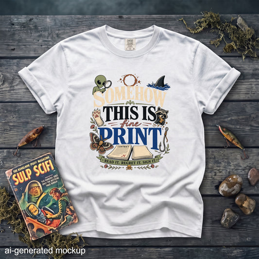 A white t-shirt featuring a graphic design with humorous text, an alien, raccoon, contract, and other eclectic illustrations.