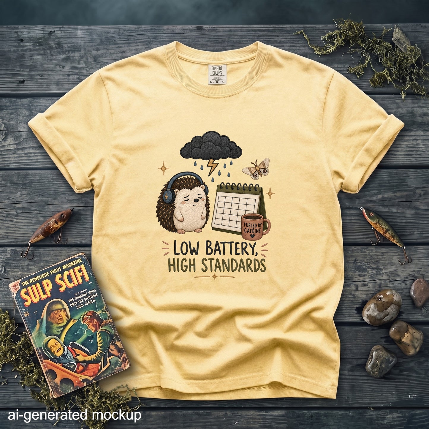 Yellow crewneck t-shirt with a graphic of a hedgehog wearing headphones, calendar, and text reading Low Battery High Standards.