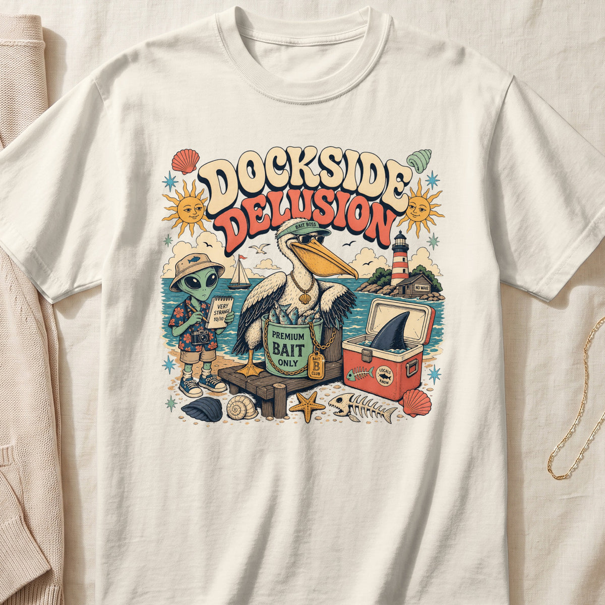 Dockside Delusion t-shirt with pelican, alien, shark, and lighthouse graphic.