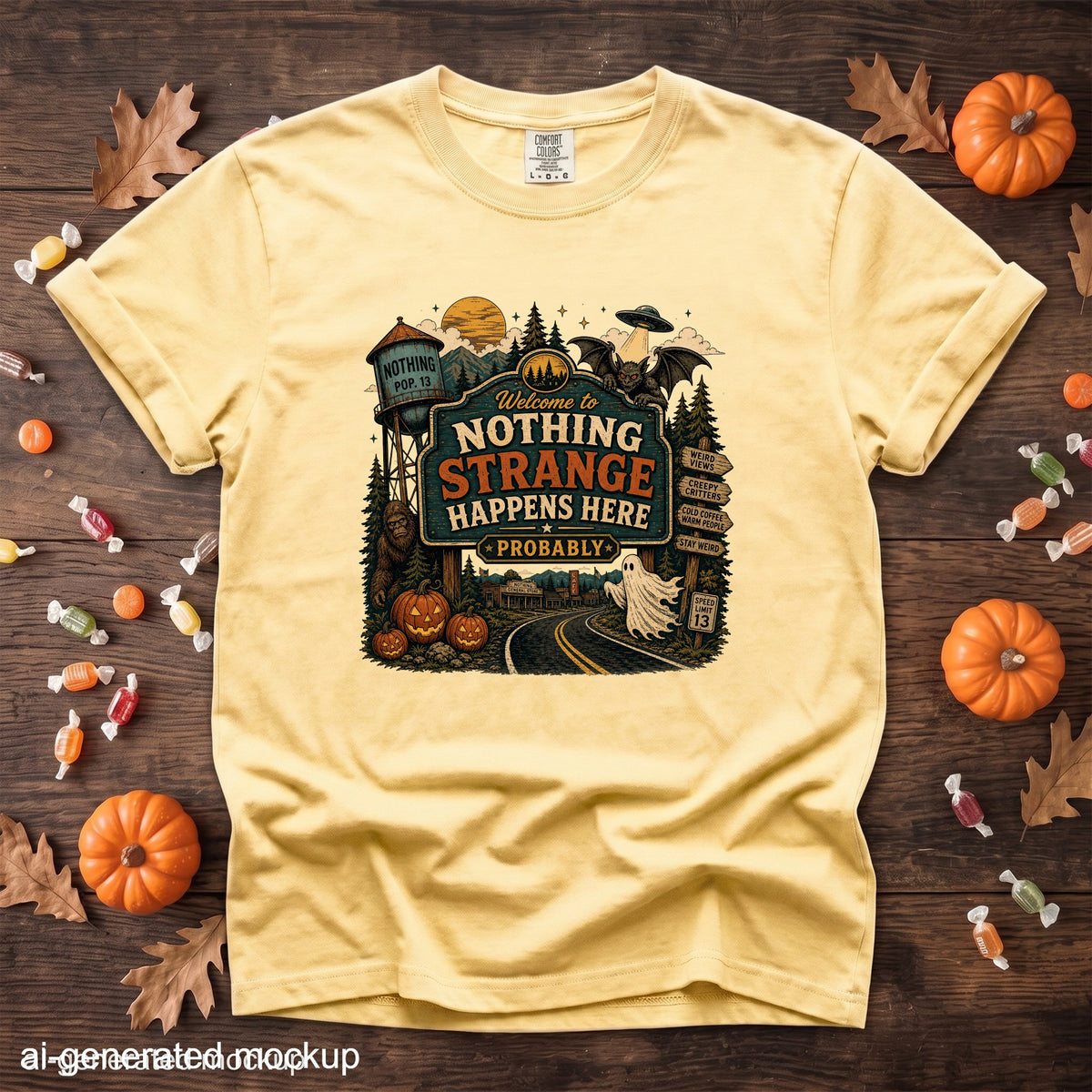 Yellow t-shirt with Halloween-themed graphic: "Welcome to Nothing Strange Happens Here Probably."