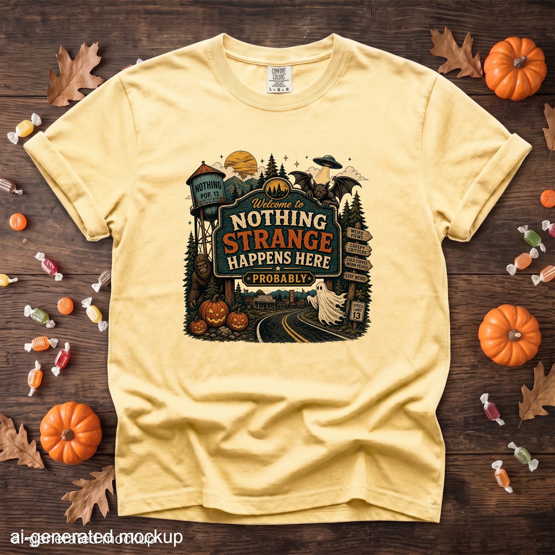 Yellow t-shirt with Halloween-themed graphic: "Welcome to Nothing Strange Happens Here Probably."