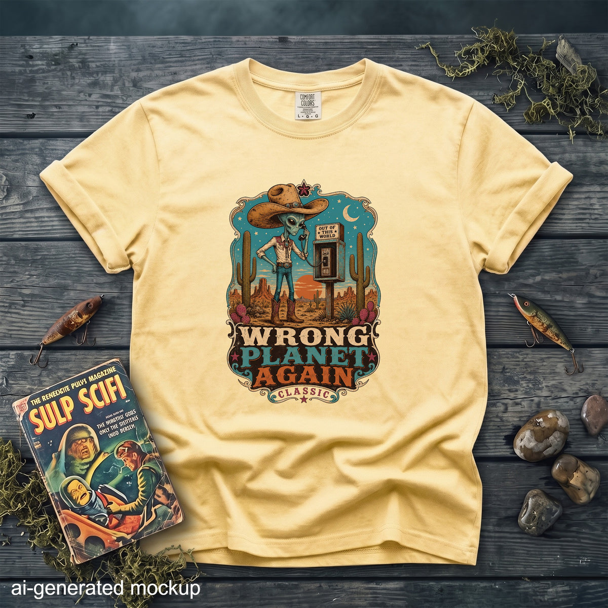 Yellow t-shirt with "Wrong Planet Again Classic" alien graphic and desert scene.