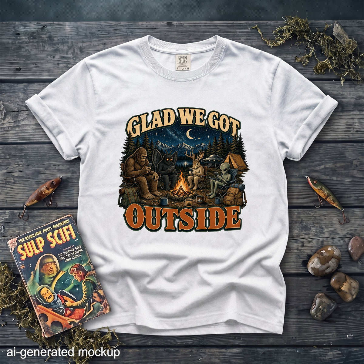 White t-shirt with "Glad We Got Outside" graphic featuring Bigfoot, mothman, rabbit, and alien by campfire.