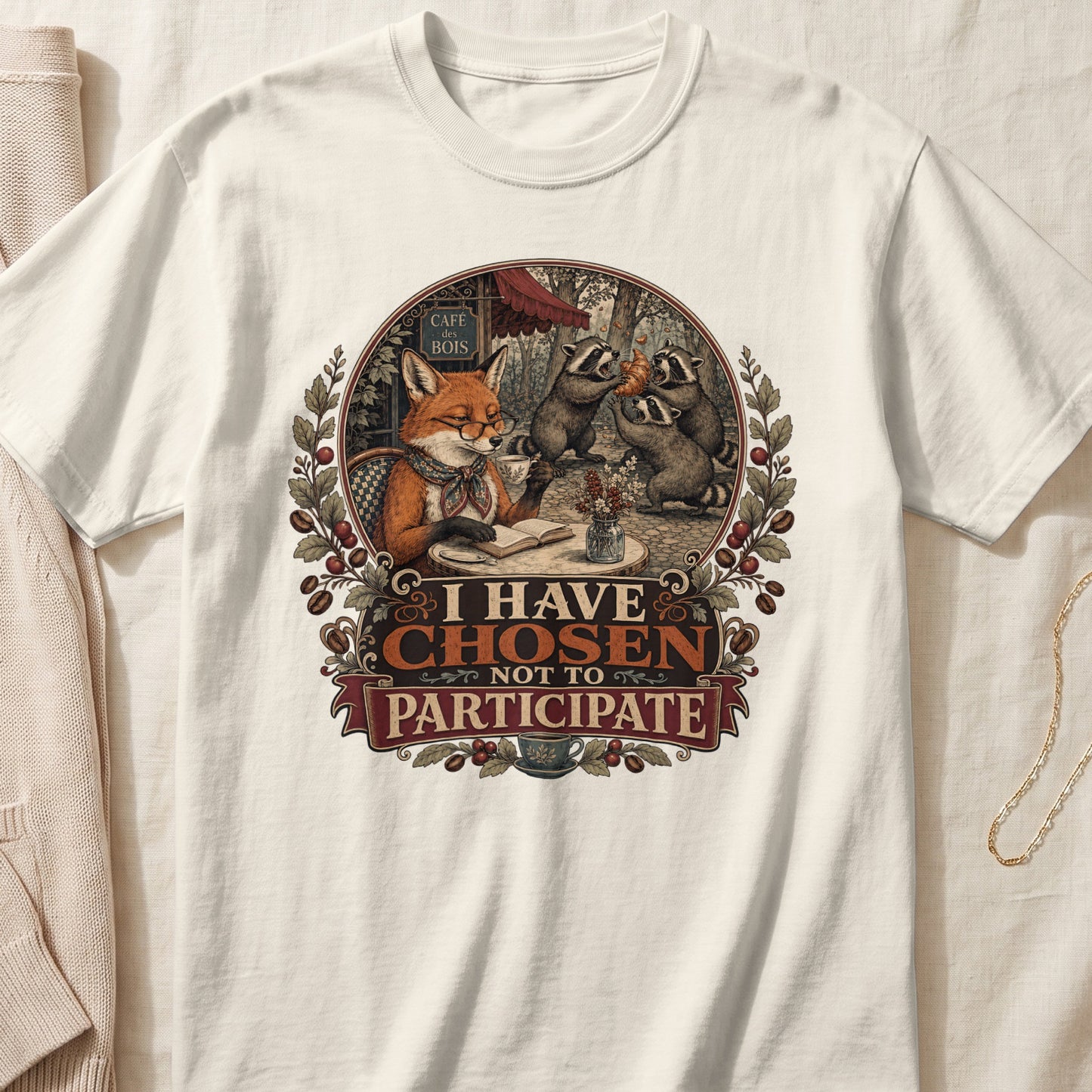 T-shirt graphic with fox reading at cafe and raccoons fighting over croissant, "I HAVE CHOSEN NOT TO PARTICIPATE".