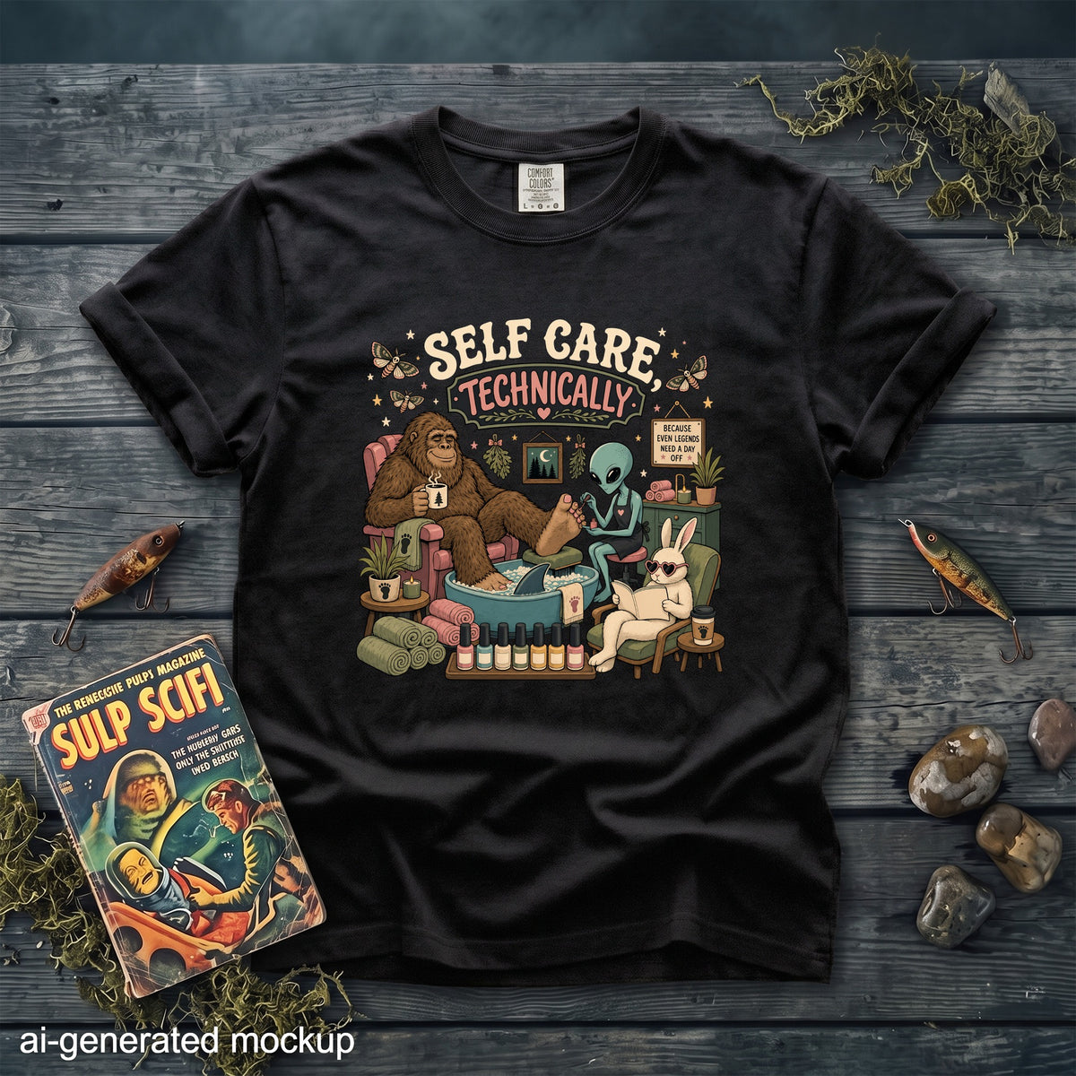 Black t-shirt with a Bigfoot, alien, and rabbit receiving self-care treatments.
