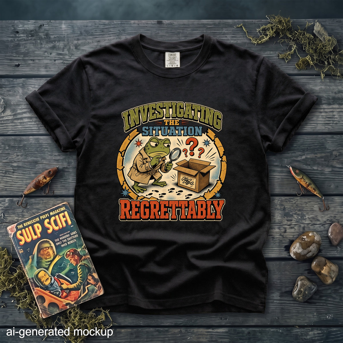 A black t-shirt featuring a retro graphic of a frog detective inspecting an open box.