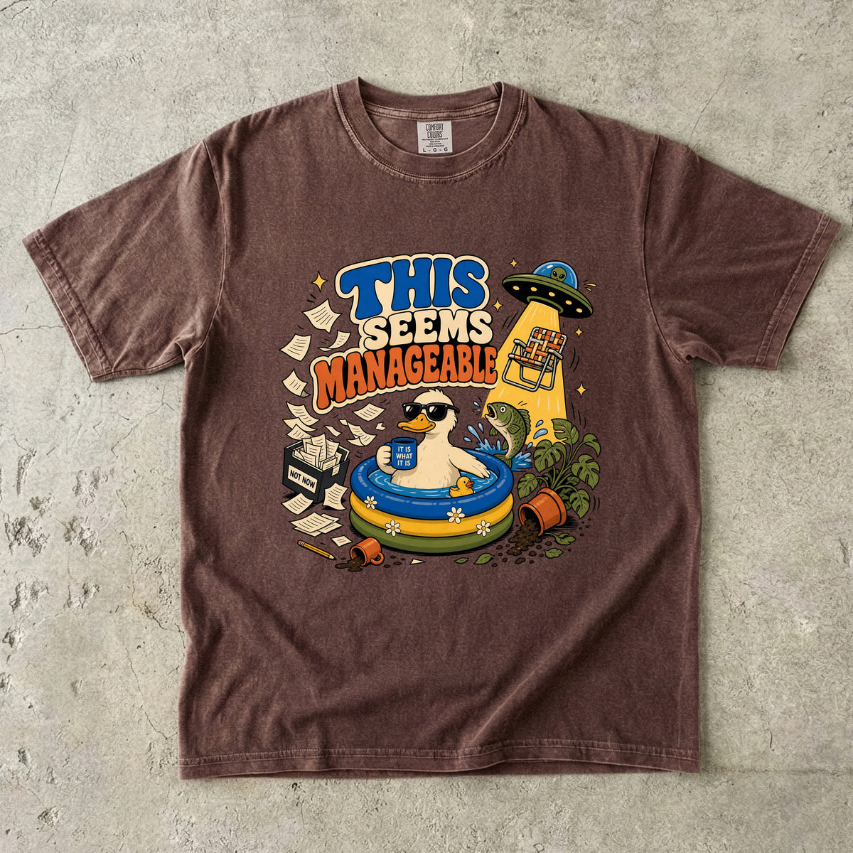 T-shirt graphic of duck in pool with text "THIS SEEMS MANAGEABLE" and UFO.