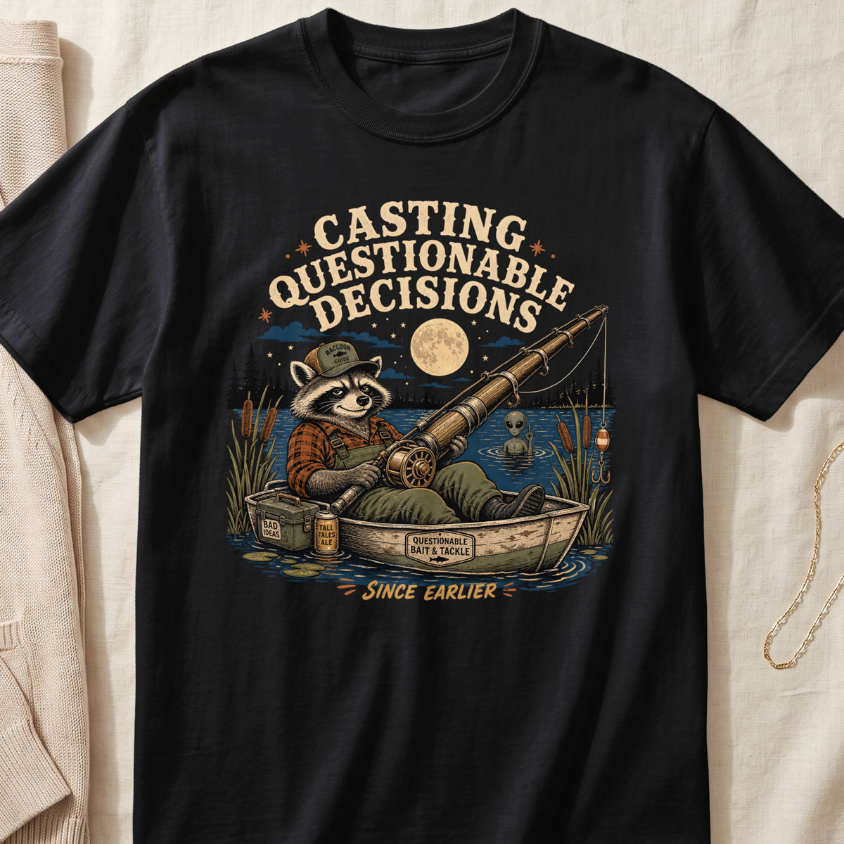 Raccoon fishing in a boat with text "Casting Questionable Decisions" and an alien.