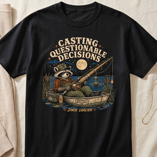 Raccoon fishing in a boat with text "Casting Questionable Decisions" and an alien.