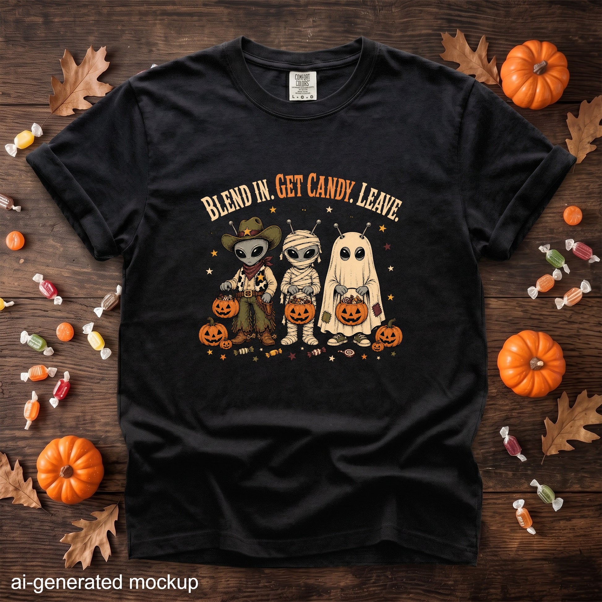 Black t-shirt with "Blend In. Get Candy. Leave." and aliens dressed as cowboy, mummy, and ghost.