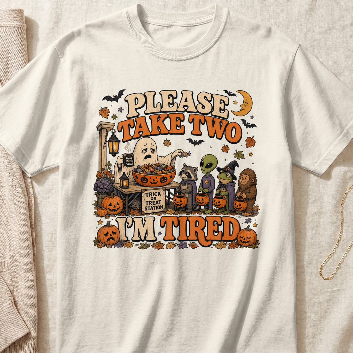 Halloween graphic with "Please Take Two" and "I'm Tired" text.