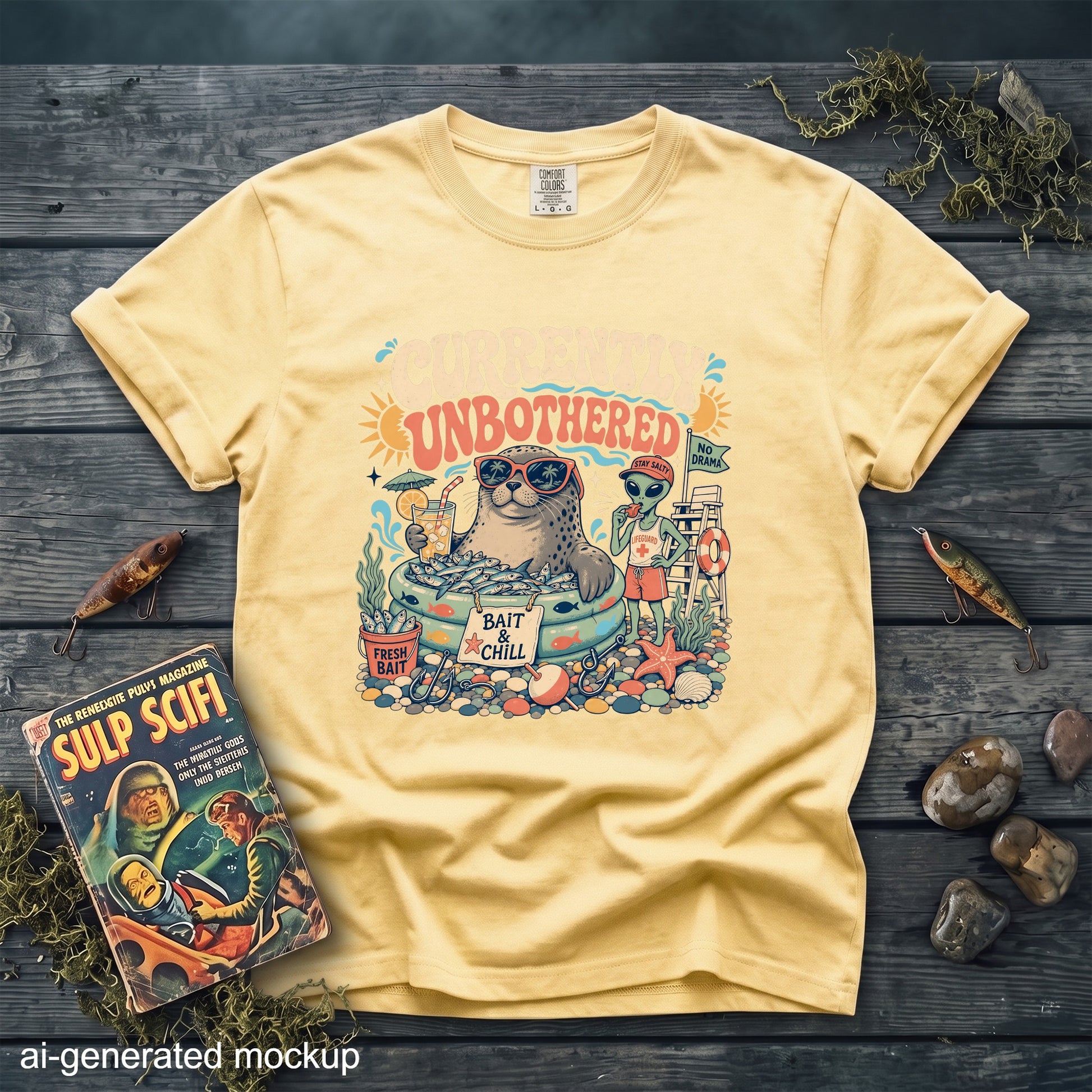 Yellow t-shirt graphic of a seal and alien lounging in a pool with fish and text "Currently Unbothered".
