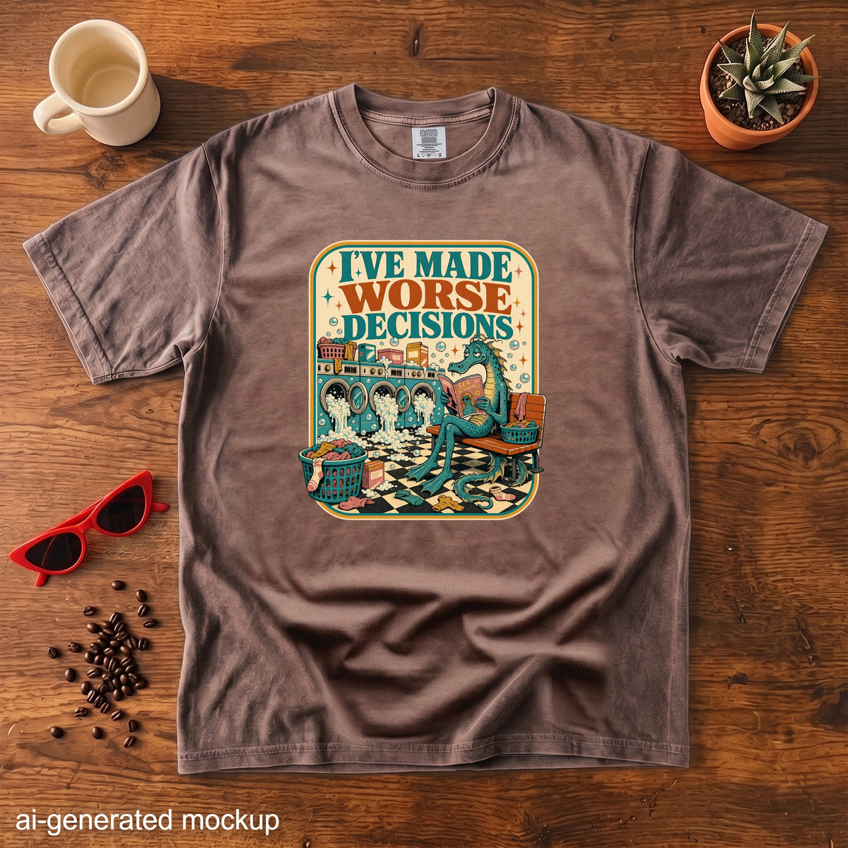 Brown t-shirt with a graphic featuring a dragon reading a book in a laundromat.