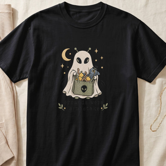 Black t-shirt with embroidered ghost holding a bag and text "errands were a mistake."