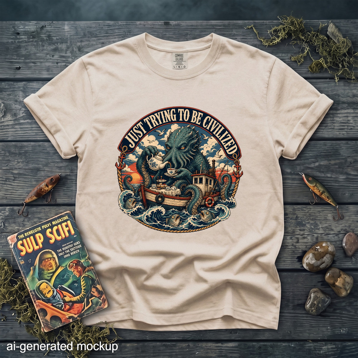 T-shirt with a kraken drinking tea on a boat, text "JUST TRYING TO BE CIVILIZED".