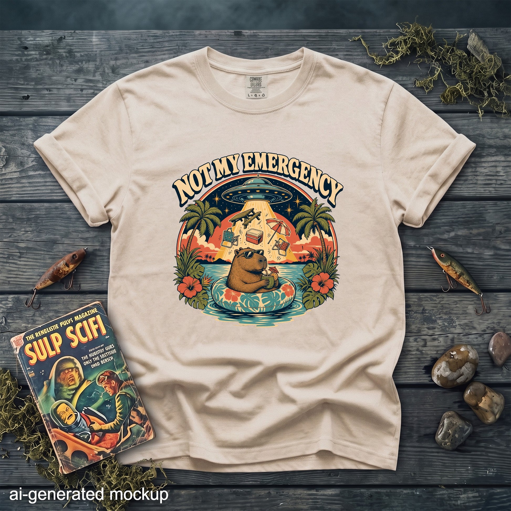 Light beige t-shirt with "Not My Emergency" graphic of a capybara and UFO.