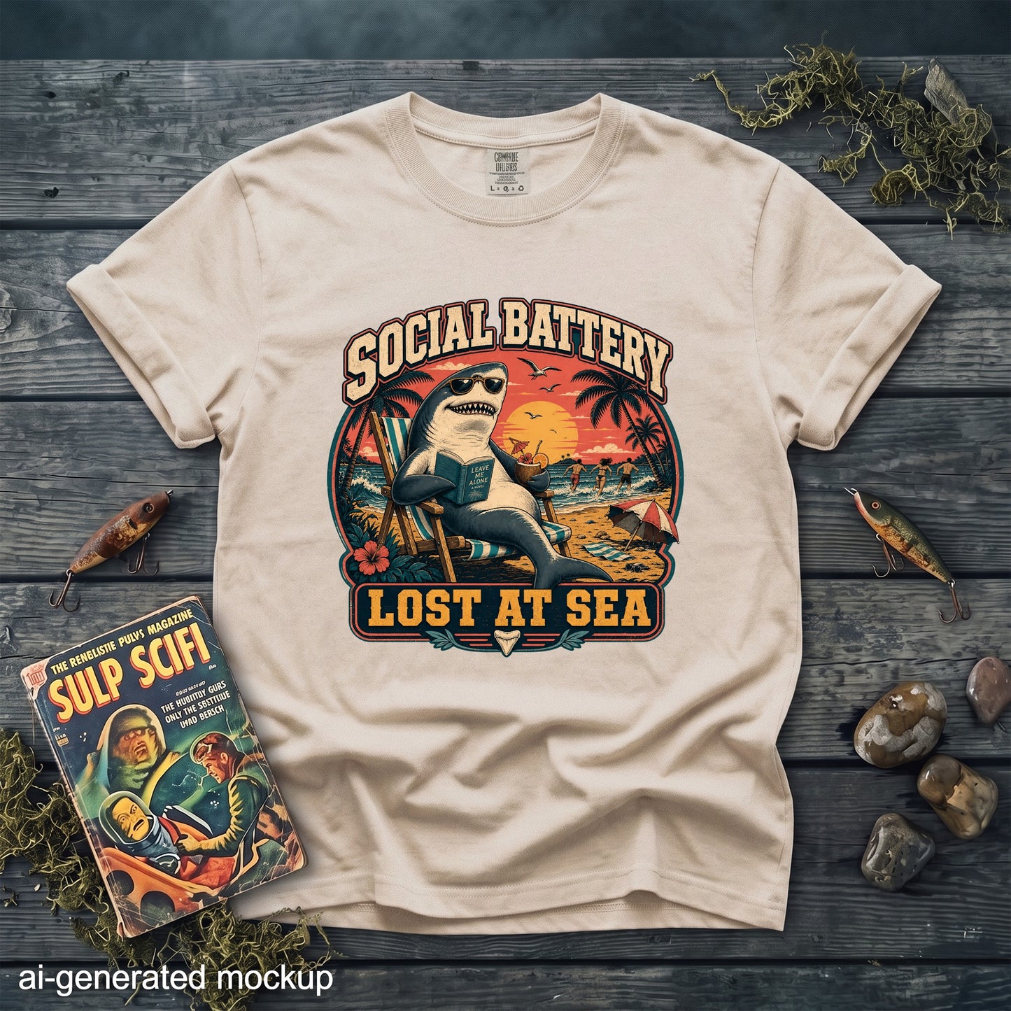Cream t-shirt with a shark on a beach chair reading a book with text "SOCIAL BATTERY" and "LOST AT SEA".