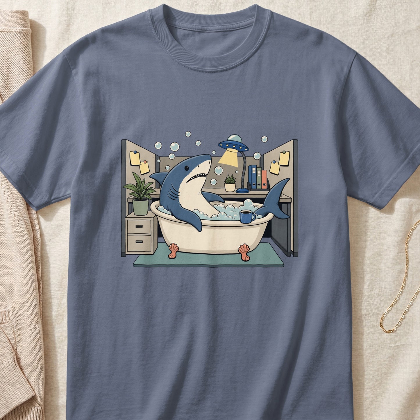 Shark relaxing in a bathtub in an office cubicle with a UFO lamp.