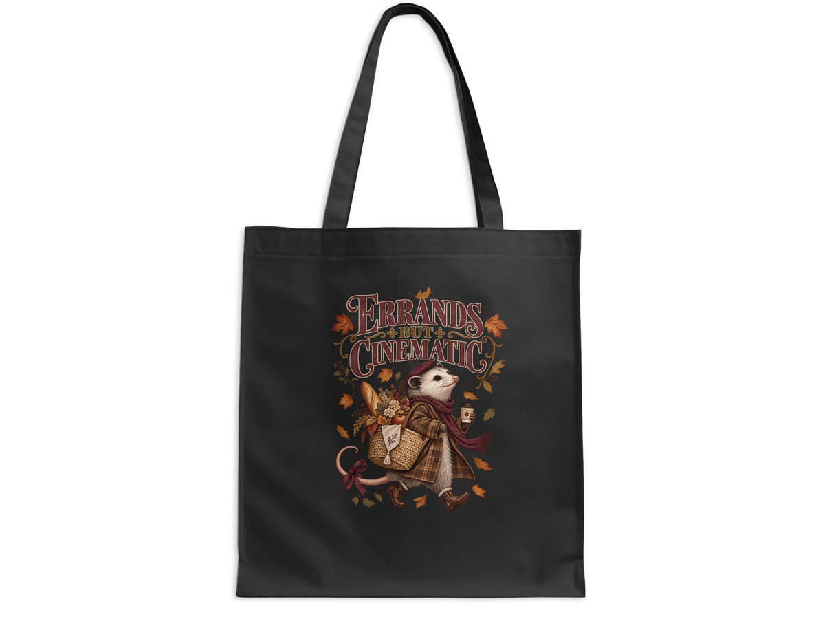 Black tote bag with an opossum in autumn attire, carrying a basket and coffee, with text.