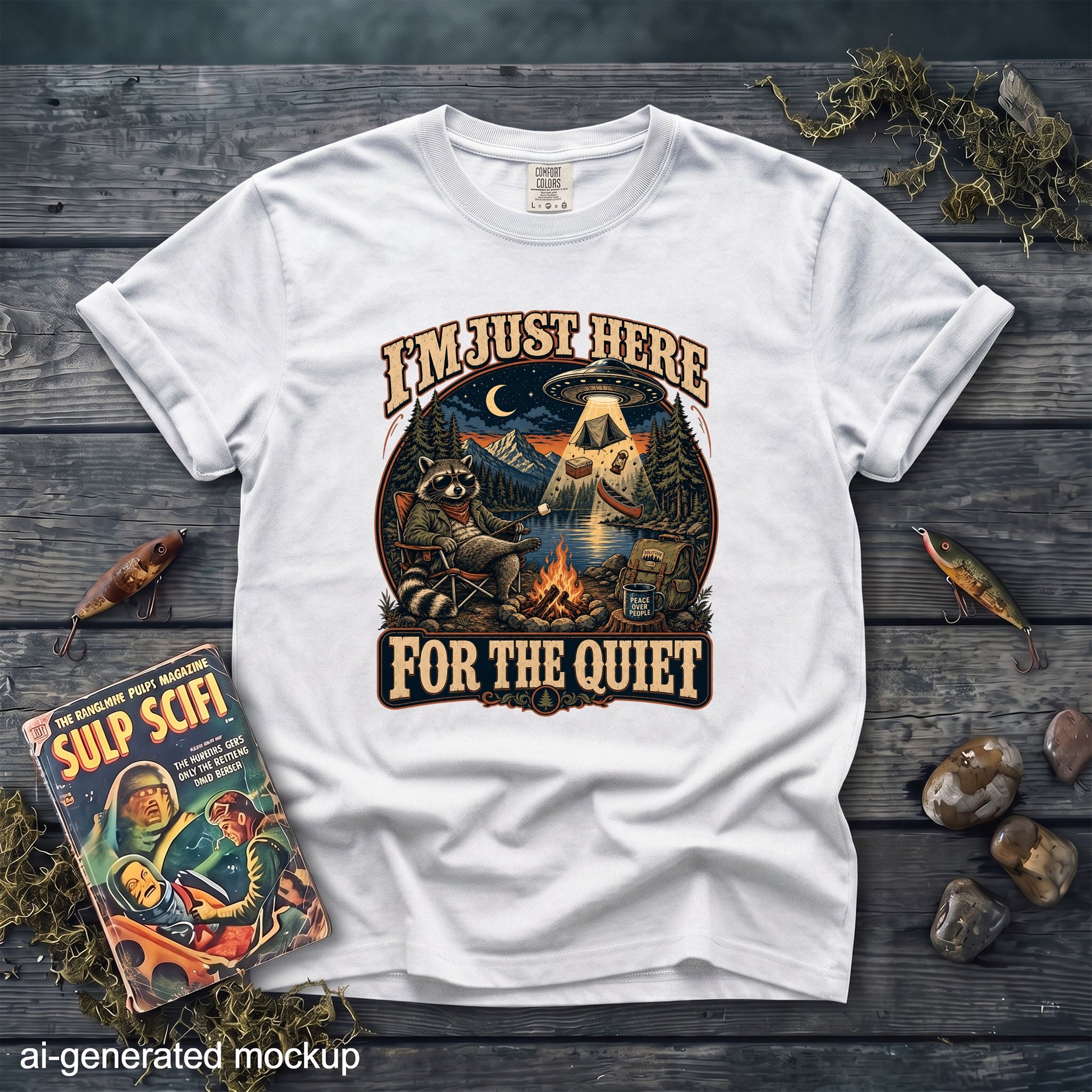 White t-shirt with raccoon, campfire, UFO, and text "I'M JUST HERE FOR THE QUIET".
