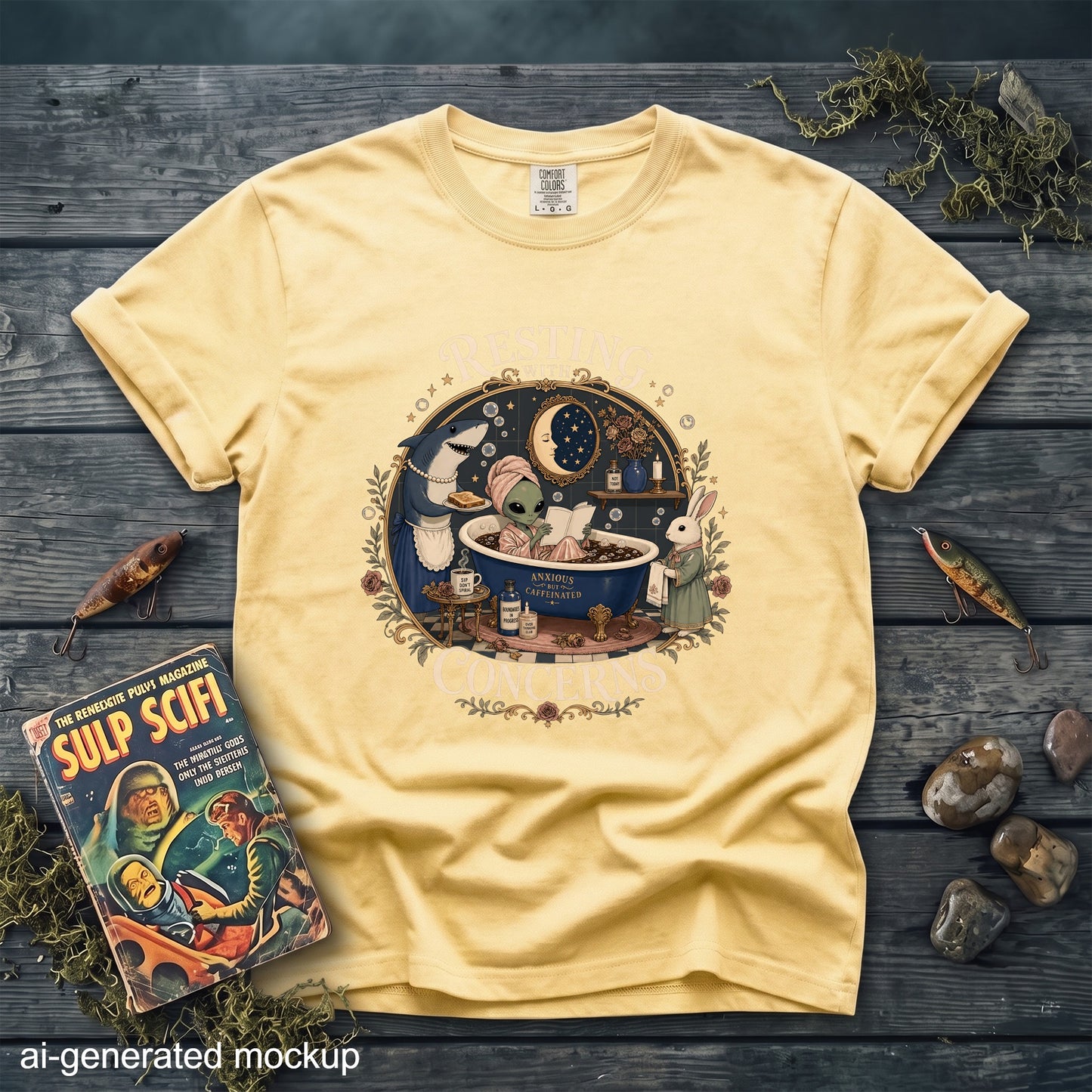 Yellow t-shirt with graphic of alien in bathtub with shark and rabbit.