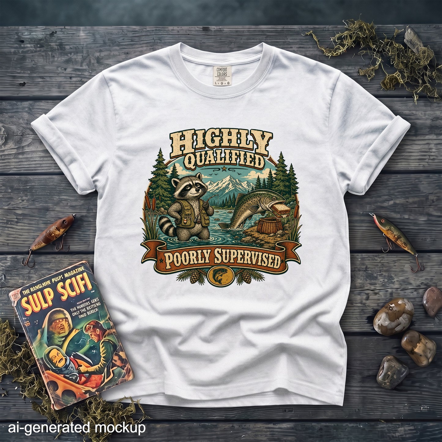 White t-shirt graphic: raccoon fishing, big fish, "Highly Qualified Poorly Supervised" text.