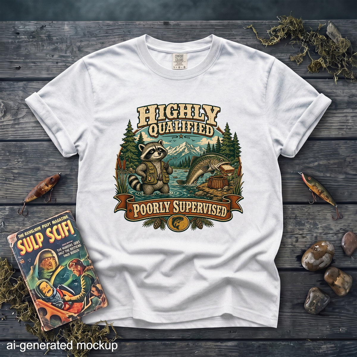 White t-shirt graphic: raccoon fishing, big fish, "Highly Qualified Poorly Supervised" text.