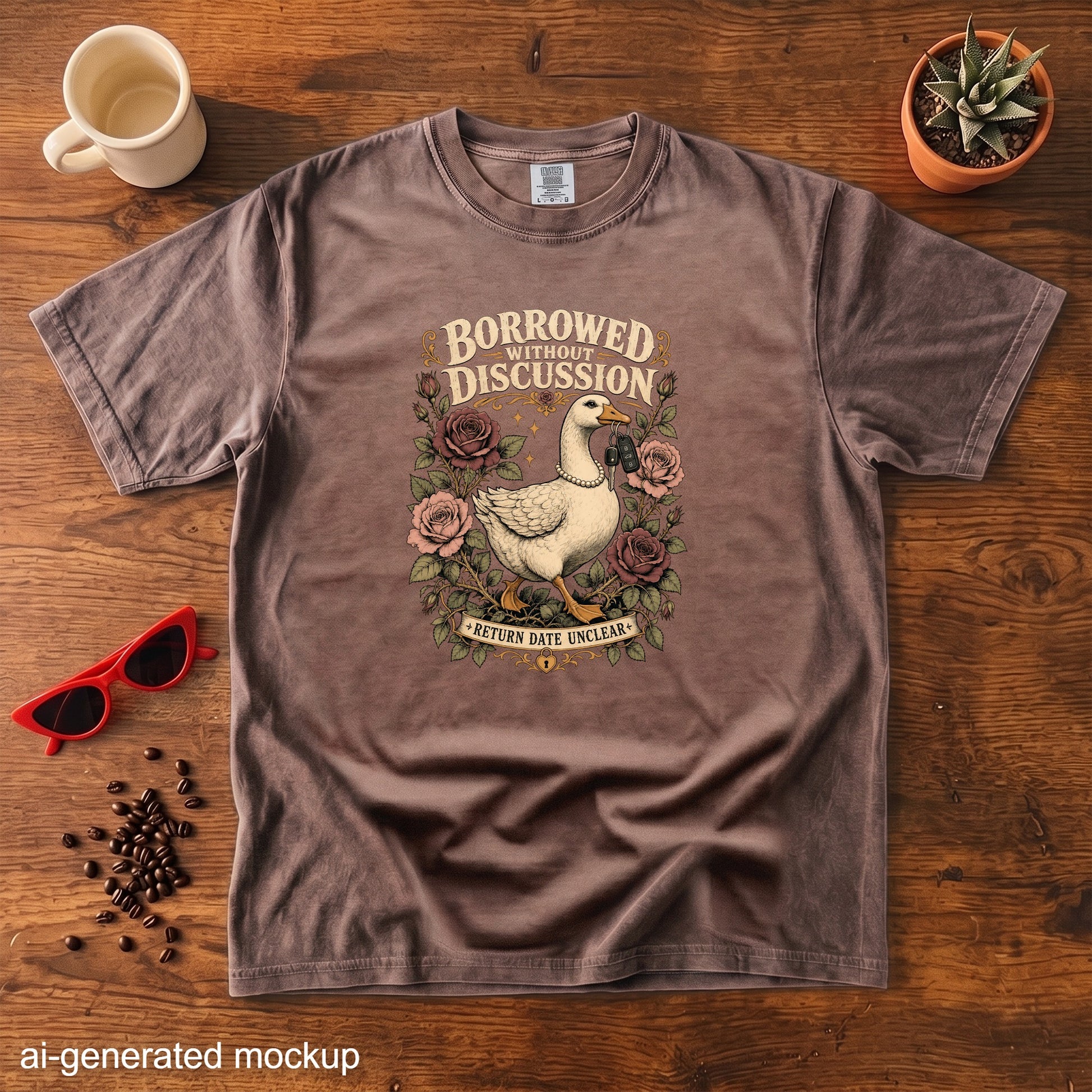 Brown t-shirt with graphic of a goose holding keys, "Borrowed Without Discussion" and "Return Date Unclear".