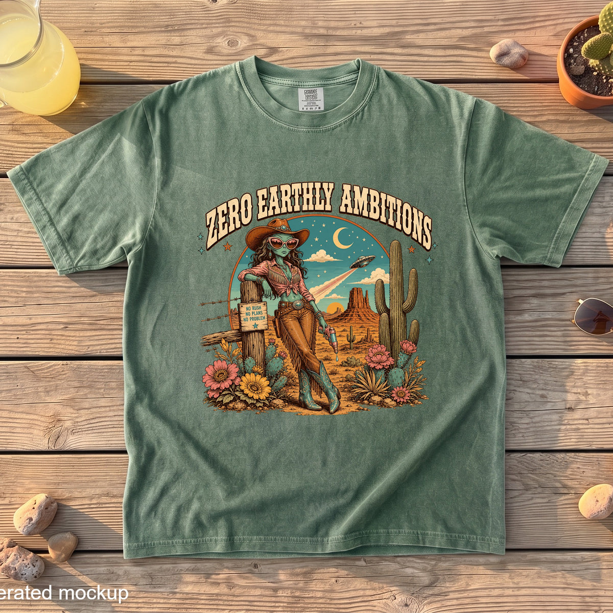 Green t-shirt with desert alien cowboy graphic and "ZERO EARTHLY AMBITIONS" text.