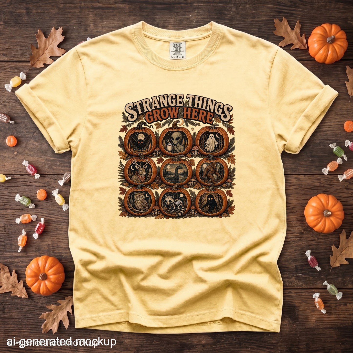 Yellow t-shirt with "Strange Things Grow Here" text and nine pumpkin designs.