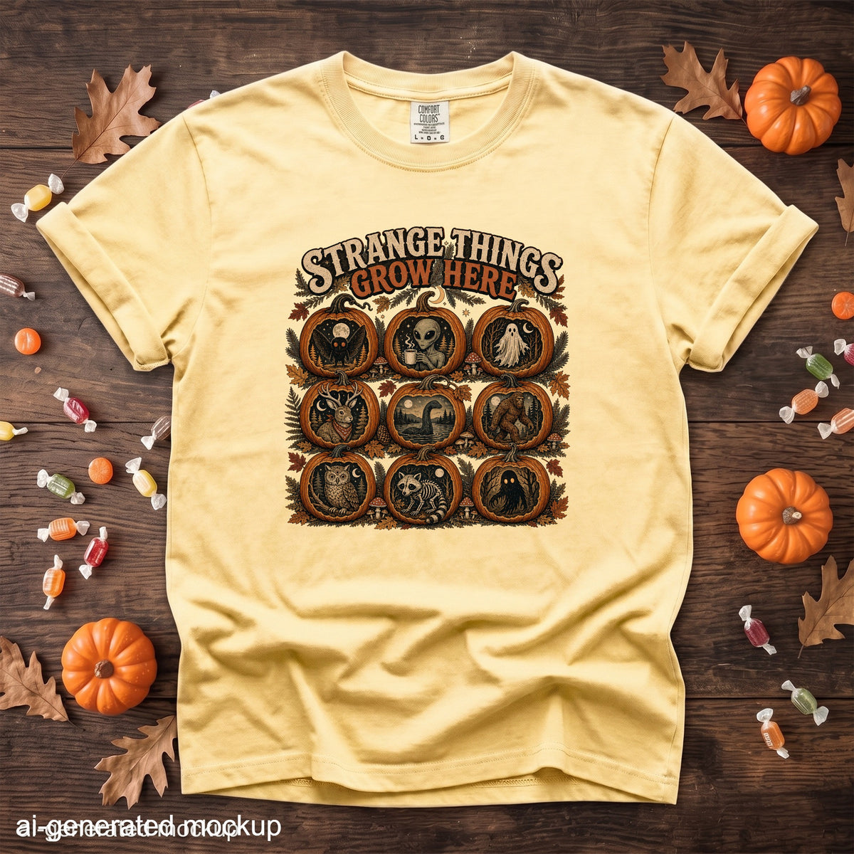 Yellow t-shirt with "Strange Things Grow Here" text and nine pumpkin designs.