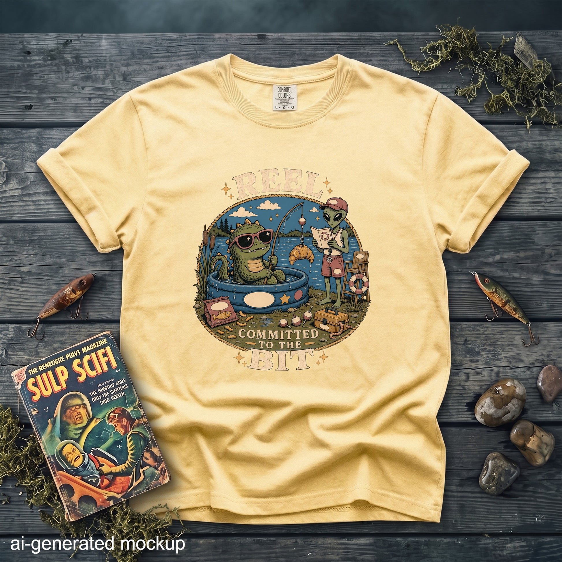 Yellow t-shirt with illustration of an alien and dinosaur fishing, text "REEL COMMITTED TO THE BIT".