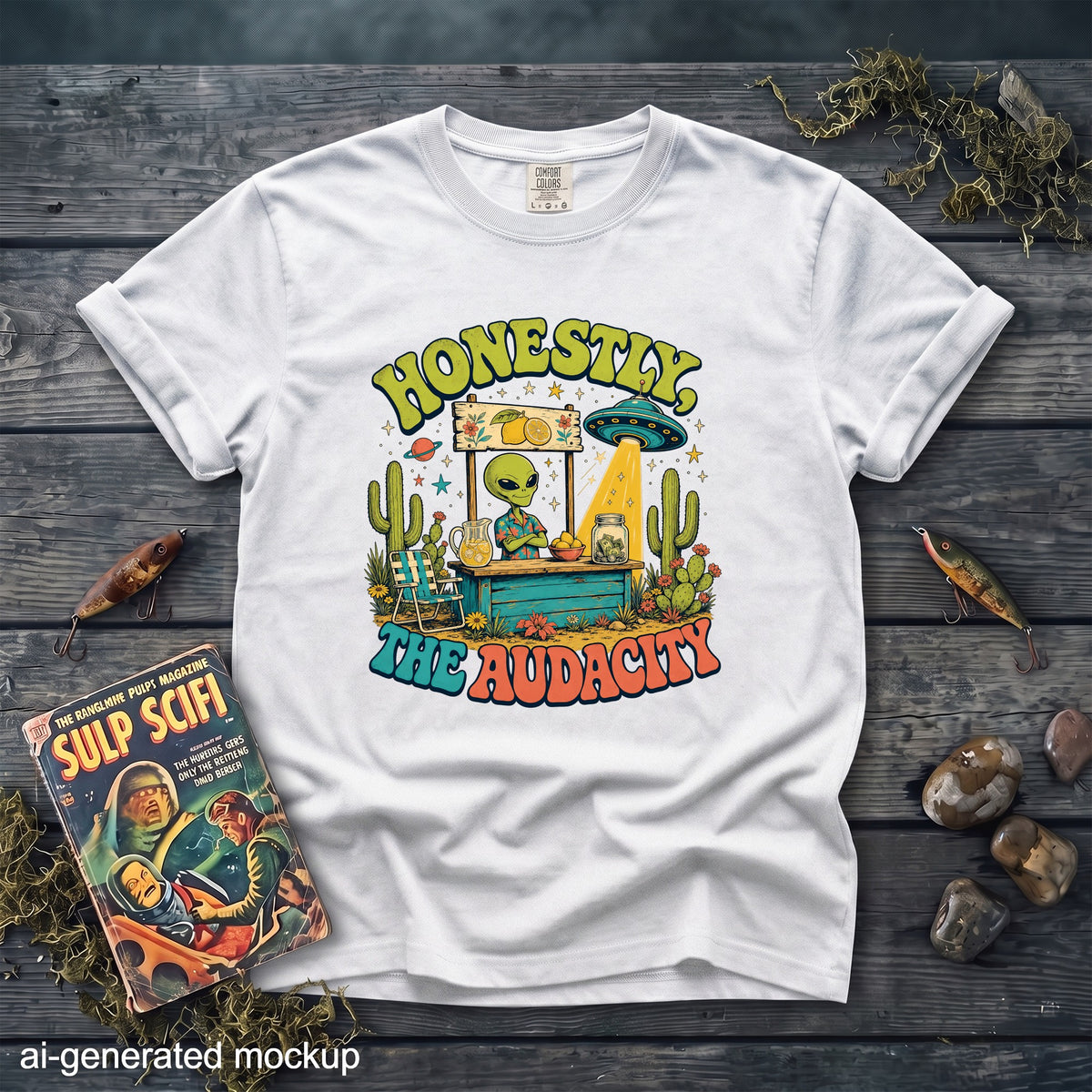 White t-shirt with "Honestly, The Audacity" graphic featuring an alien at a lemonade stand.