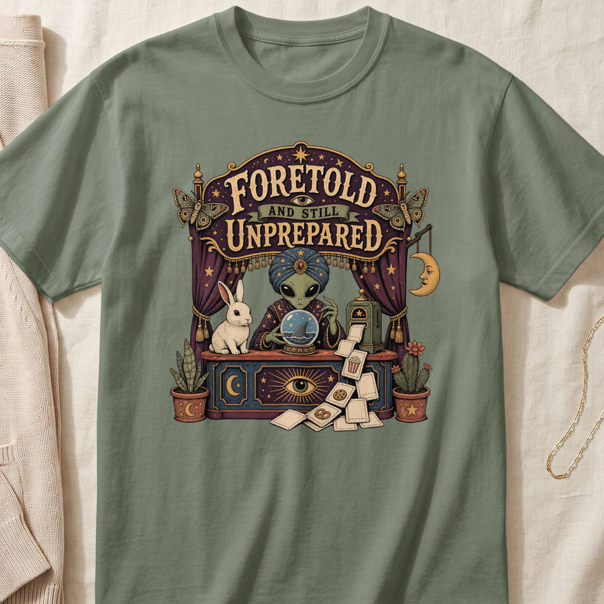 Alien fortune teller with rabbit, crystal ball, and cards, reading "Foretold and still unprepared".