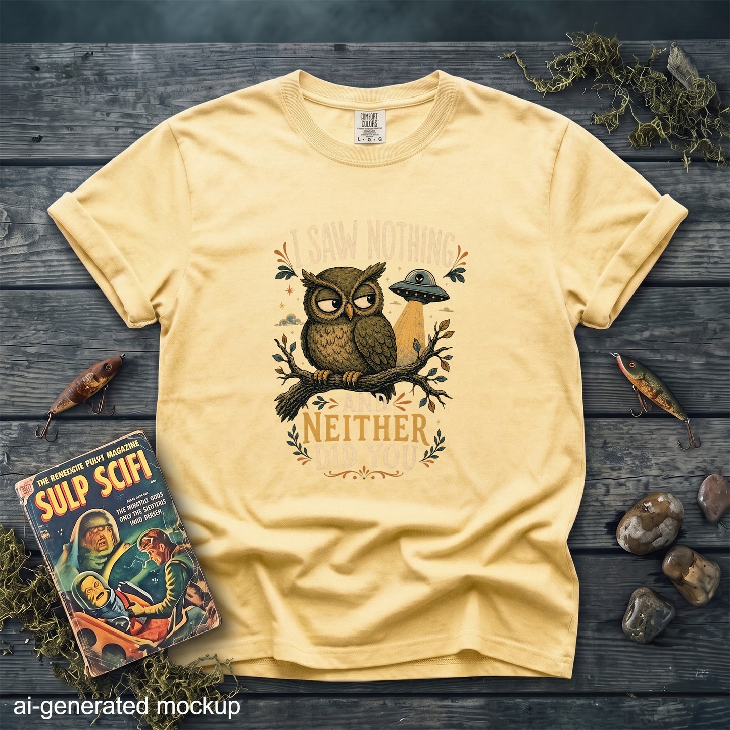 Yellow t-shirt with owl, UFO, and "I saw nothing and neither did you" graphic.