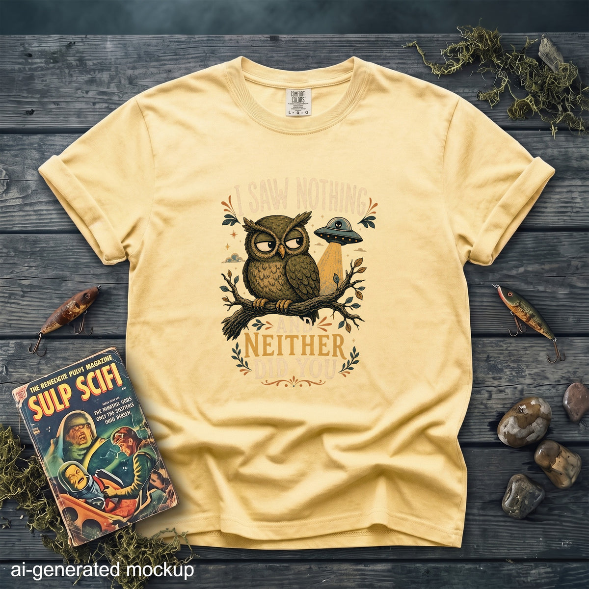 Yellow t-shirt with owl, UFO, and "I saw nothing and neither did you" graphic.