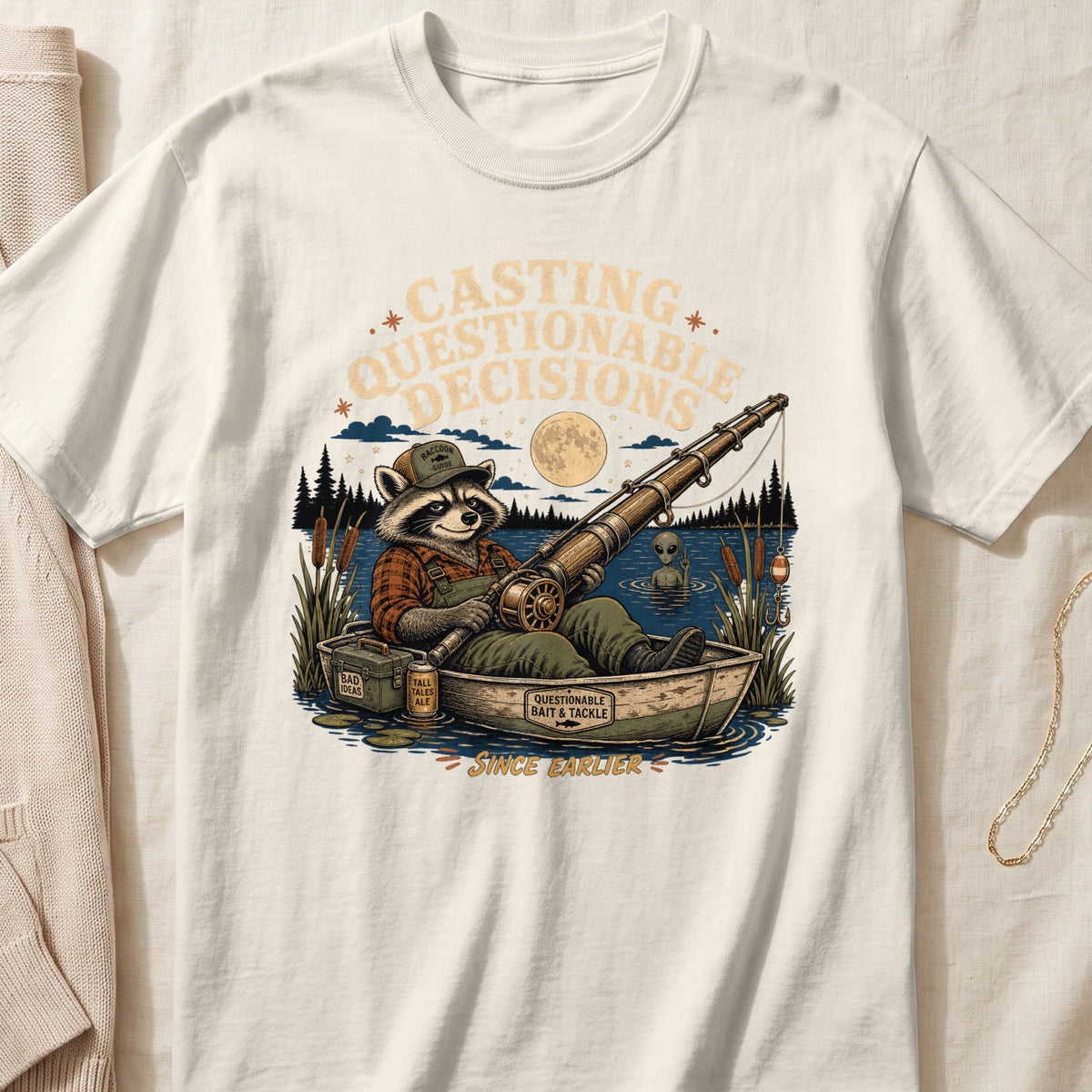 Raccoon fishing in a boat with text "Casting Questionable Decisions".