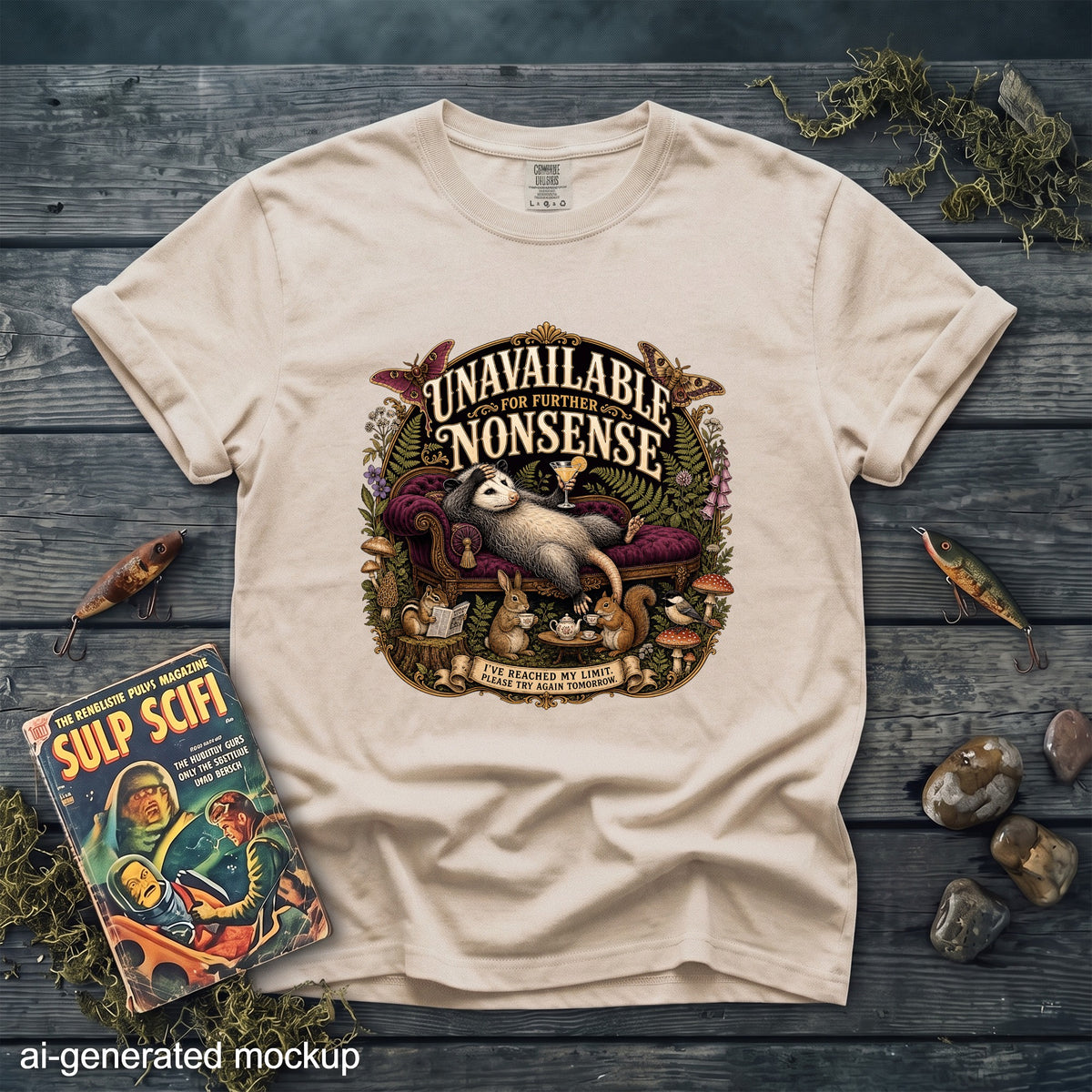 T-shirt with an opossum on a chaise lounge surrounded by forest elements and text.