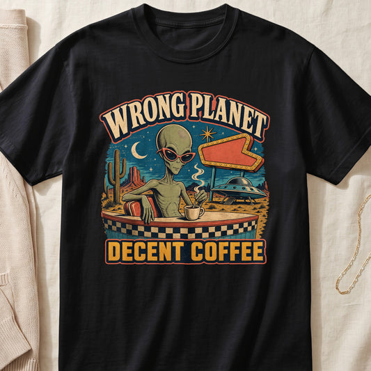 Alien wearing sunglasses at a diner with text "Wrong Planet Decent Coffee".